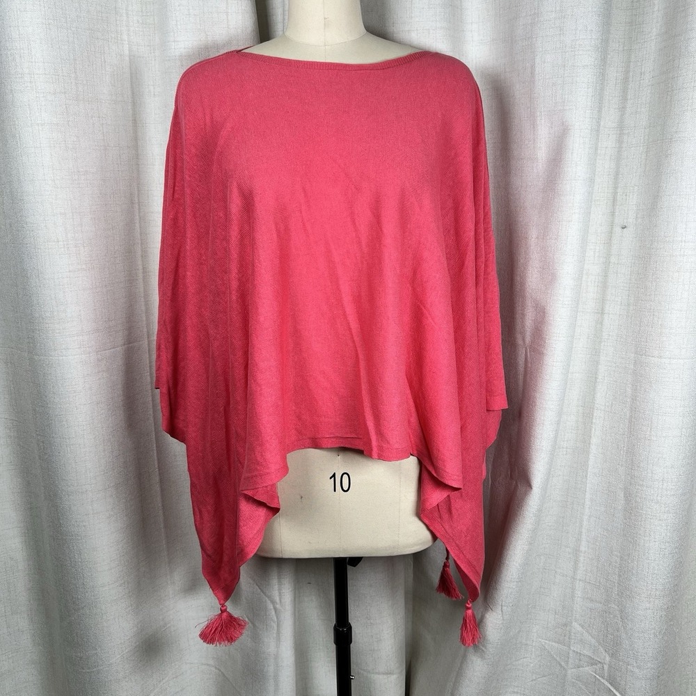 J Jill Linen Blend Poncho Shawl Tassels Coral Pink Asymmetrical Boho One Size